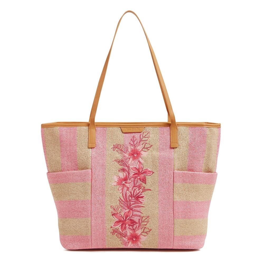 9965 Straw Tote Bag, Candy Pink Stripe Straw, One Size